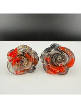 Chunky Carved Resin Rose Statement Ring Set of 2 Black Red Floral Size 8 and 9